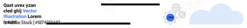Data processing, cloud storage, technology, digital solutions, engineering, innovation. Cloud graphic with gear and data icons alongside placeholder text. s data processing and cloud storage concepts