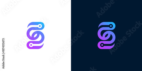 Sleek abstract letter S logo combining modern technology elements with a dynamic purple and blue gradient, symbolizing connectivity, innovation, and digital solutions