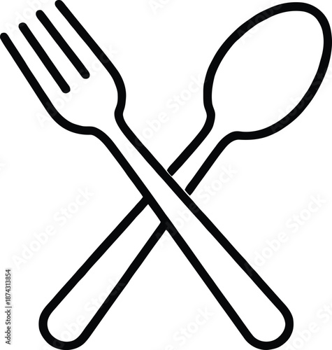 Simple black and white illustration of a crossed fork and spoon