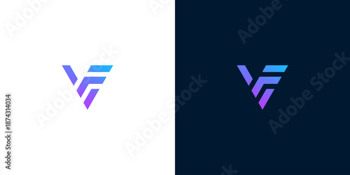 Minimalist Vector Logo Design Stylized 'VF' Monogram in Gradient Colors on White and Dark Blue Backgrounds