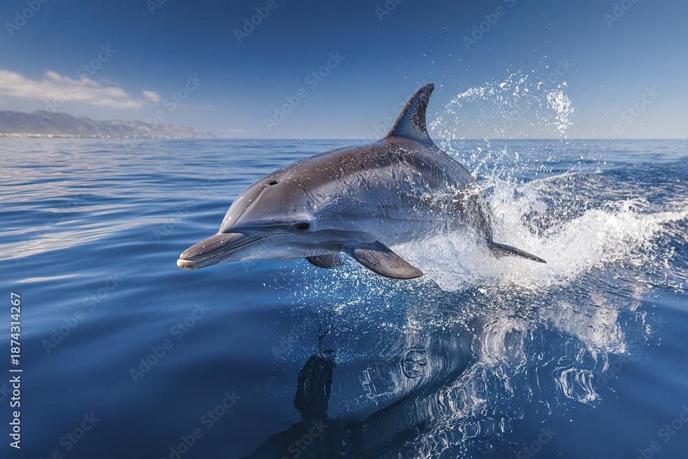 Fototapeta premium Dolphin jumping above calm blue ocean water with splash and clear sky on sunny day near distant coastline, showing dynamic motion and natural marine life beauty