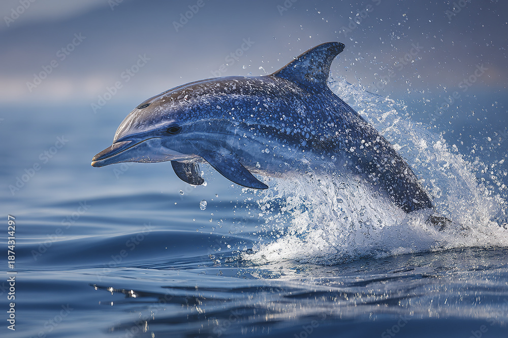 Obraz premium Dolphin breaching above open sea with sparkling water droplets and elegant arc mid air, showing dynamic movement and natural marine beauty in bright daylight