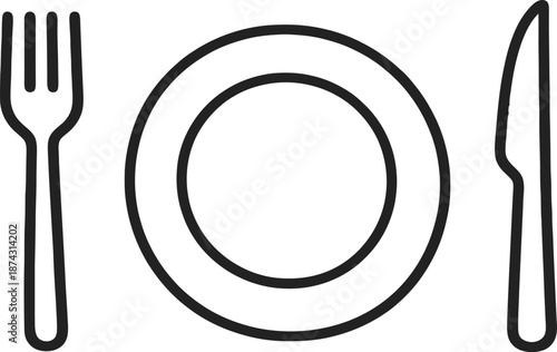 Simple black and white illustration of a plate fork and knife