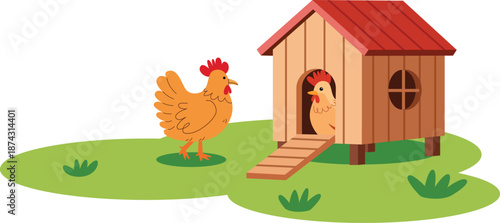  Cute Farm Chickens Outside Rustic Wooden Coop Livestock Poultry Cartoon Vector Illustration