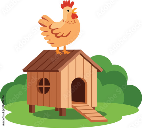 Happy hen on wooden chicken coop farm animal house cartoon illustration vector