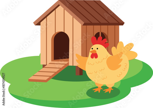 Happy yellow hen beside wooden chicken coop vector illustration flat design farmhouse graphic