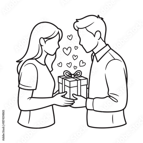 Couple exchanging gifts with hearts, symbolizing love and affection