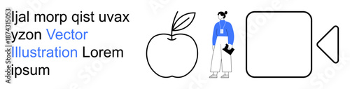 Design, communication, learning, multimedia, creativity, illustration. Apple, female figure text camera icon on white background. Design and communication concepts