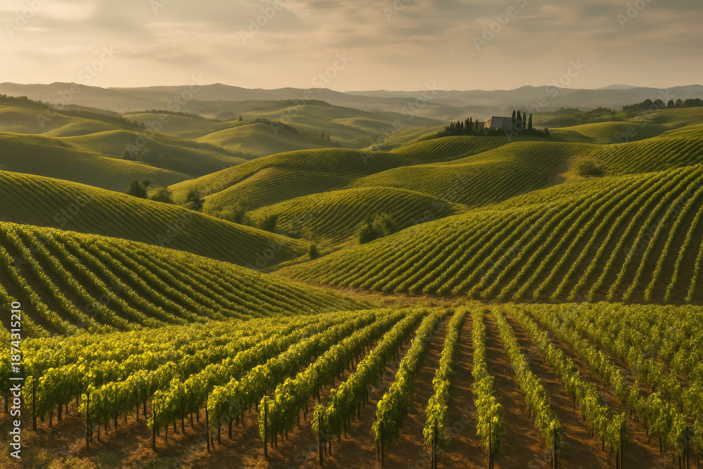 Fototapeta premium Scenic vineyard landscape with rolling hills and lush greenery