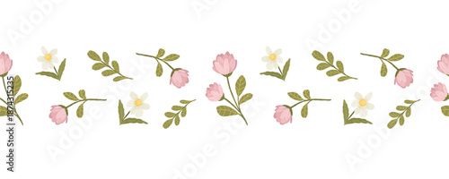 Pink peony buds and white flowers with green leaves, hand drawn botanical floral vector seamless border.