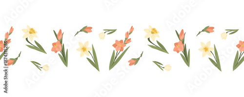 Yellow daffodils and pink spring flowers with green leaves, hand drawn botanical floral vector seamless border on white background