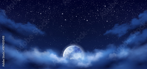 Night cloudscape with moon and starry landscape. Vector realistic horizon of clouds and mystic atmosphere. Illuminated nighttime, dramatic view or scenery outdoors, morning or dusk scene