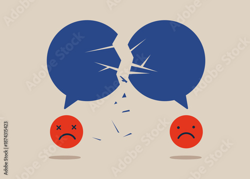 Negatively face emoji with speech bubbles. Business communication breakdown. Symbol of misunderstanding, negotiation problems, miscommunication, argument. Flat vector illustration