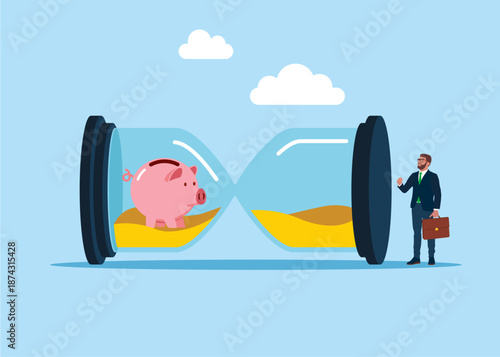 Pink piggy bank in sandglass. Stopping time. Retirement pension fund. Modern vector illustration in flat style