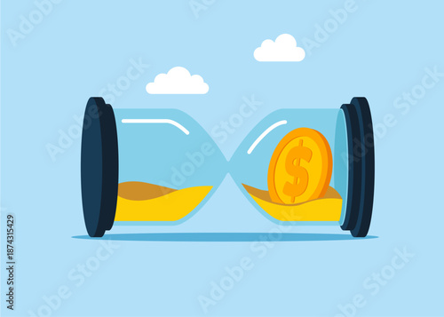 Gold coin dollar in sandglass. Stopping time. Retirement pension fund. Modern vector illustration in flat style