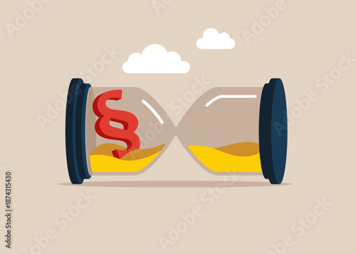 Symbols of paragraph in sandglass. Stopping time. Lawyer and advocate services in dangers, bad reviews and bad reputation. Vector flat illustration