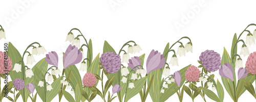 Pink clover, purple crocus and white lily of the valley flowers, hand drawn botanical floral vector seamless border with wild plants