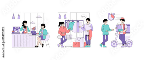 Coffee Shop, Retail Shopping, and Delivery Vector Illustration