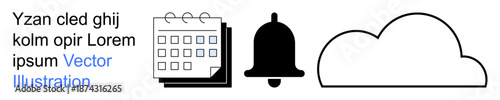 Time management, notifications, data storage, planning tools, cloud computing, digital organization. A calendar, bell and cloud icon. Time management and notifications for productivity tools