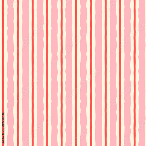 Vertical pink and red thick and thin uneven jagged stripes vector seamless pattern, striped background for textile and paper design