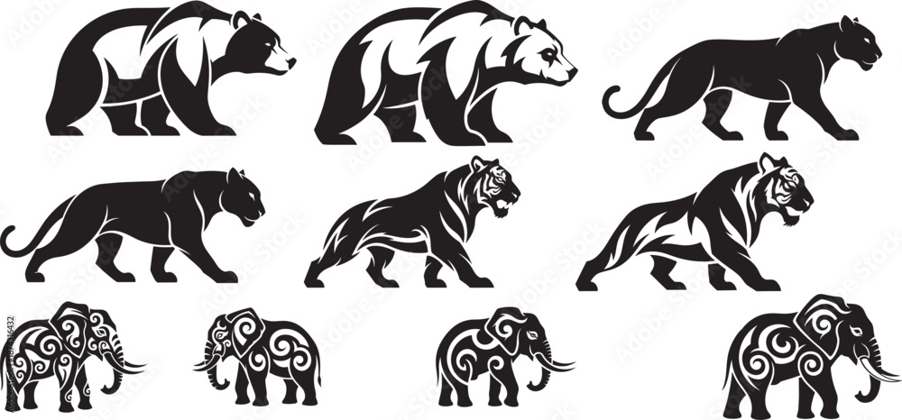 Fototapeta premium Wild animal silhouette collection featuring bears, panthers, tigers, and tribal elephants in bold black vector style, perfect for logos, tattoos, branding, and graphic design