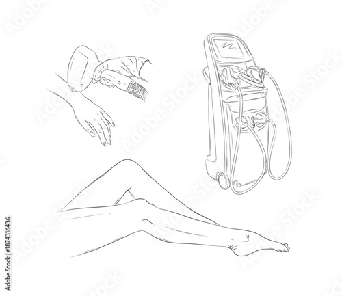 Set of laser hair removal tools elements for treatment beauty procedure drawing with black lines on white background
