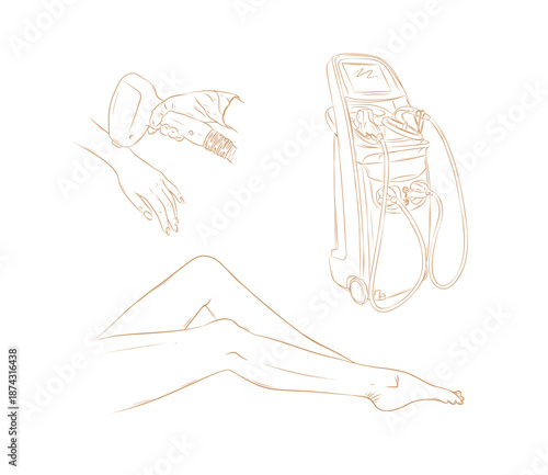 Set of laser hair removal tools elements for treatment beauty procedure drawing with brown lines on beige background