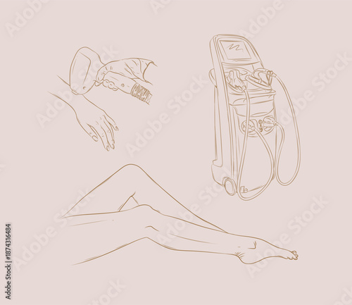 Set of laser hair removal tools elements for treatment beauty procedure drawing with peach lines on beige background