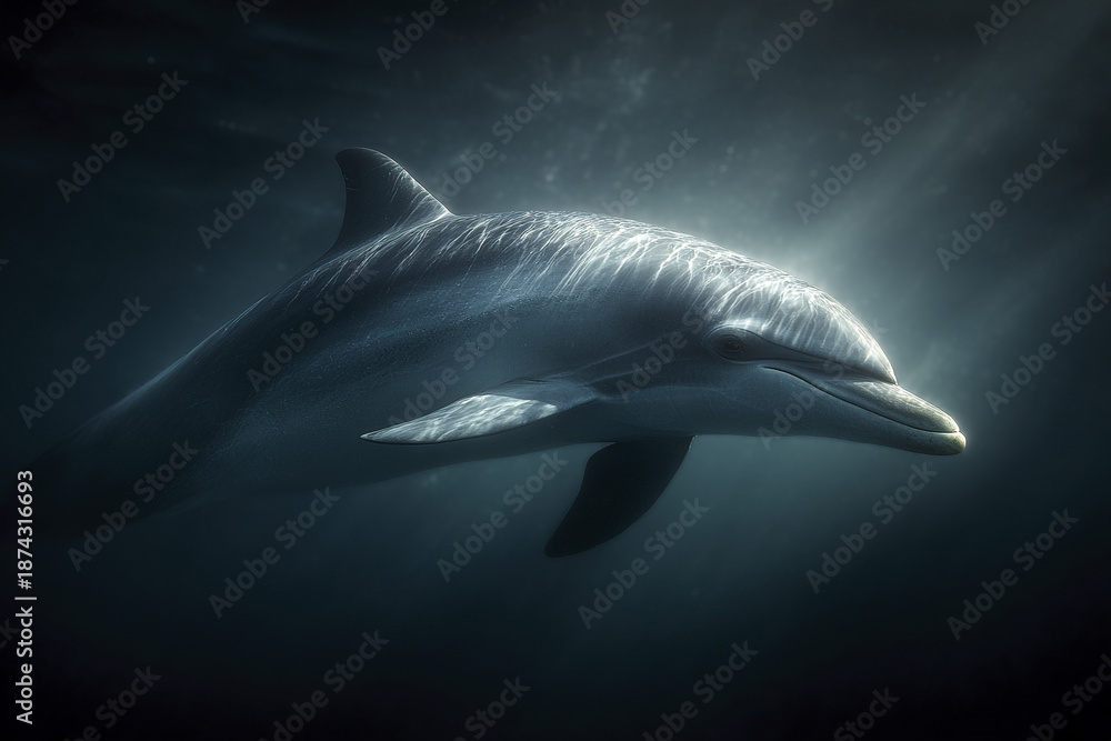 Fototapeta premium Dolphin illuminated in dark underwater environment with soft light rays creating elegant and serene atmosphere in deep ocean