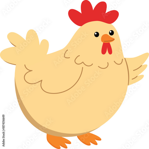 Happy plump yellow chicken flat vector cartoon farm bird mascot illustration red comb and wattle