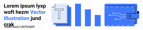 Financial management, digital security, data analysis, fintech solutions, cryptocurrency, e-commerce. Wallet, bar graph text icon in blue tones. Financial management and digital security concept
