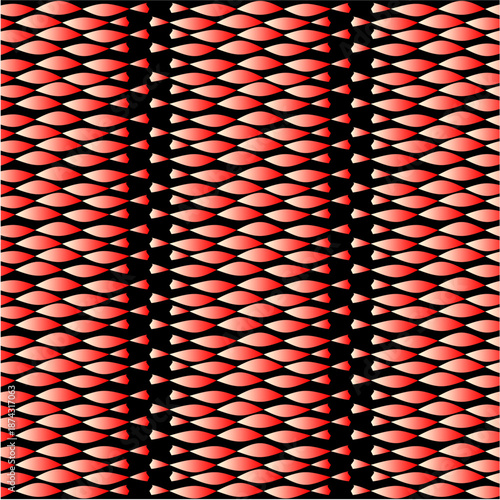 Interlocking red gradients form a rhythmic wave pattern over black, creating a bold geometric texture with depth, motion, and striking visual intensity.