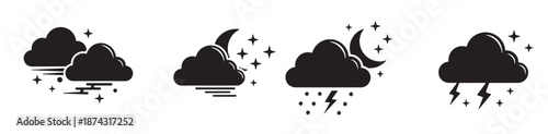 Collection of hand drawn weather icons featuring fluffy clouds a bright sun a crescent moon rain drops and  rainbow arc over a cloud. Vector illustration.