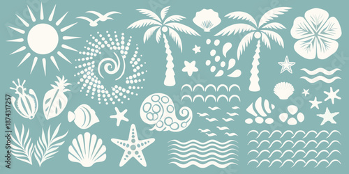 A collection of tropical elements sun palm trees seashells and ocean waves
