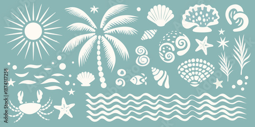 Aesthetic summer collection featuring shells sun palm trees and marine life