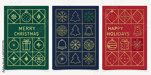 Festive christmas card designs with golden ornaments and holiday greetings
