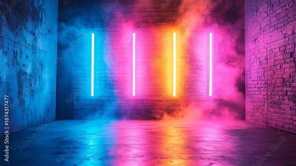 Obraz premium An empty room with concrete floor and brick walls illuminated by bright neon lights in blue, yellow, and pink hues, filled with swirling atmospheric smoke and fog, creating a vibrant, energetic, and