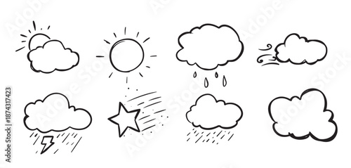 Weather symbol icon hand drawn. Doodle weather icons with hand draw cute sun and cloud. Sketchy line art rain and snow with scribble rainbow and storm. Outline signs thermometer and windy, vector.