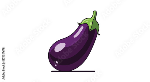 Stylized illustration of a ripe purple eggplant with a green stem shown on a clean white background for grocery or cooking concepts.