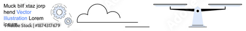 Innovation, cloud computing, balance, justice, mechanics, data management. Minimalist design of gears, cloud and balancing scales. Innovation and cloud computing concepts