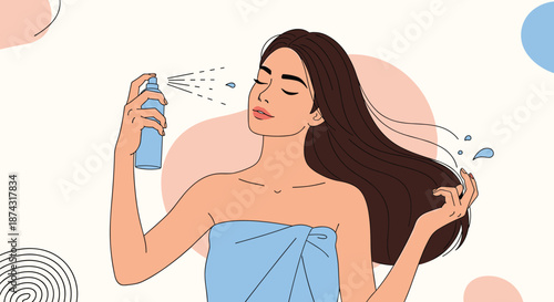 Beautiful young woman with long dark hair applying a beauty product spray to her locks for a personal care and wellness illustration.