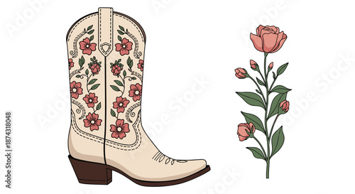 Beautiful cream colored cowboy boot with pink floral embroidery shown next to a matching rose flower stem for western feminine style.