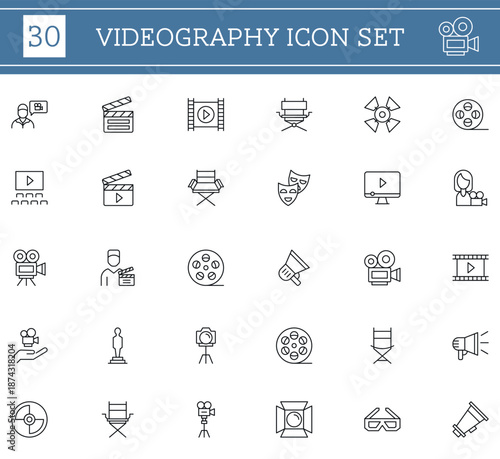 Cinema and video production icon set with film camera clapper director light and media symbols in thin line style. Simple outline icons for movies video apps websites and creative projects.