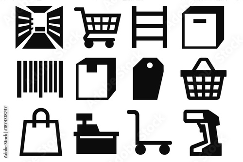 Brutalist Shopping Icons. Aislescape icon set in silhouette bold style. Contain supermarket aisle, shopping cart, shelf, barcode, product box, price tag, basket