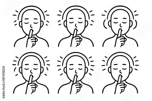 Silence Icons. Absolute silenceset in outline vector style closed mouth face, finger on lips, calm aura, still air lines, muted symbol, peaceful glow