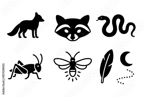 Nocturnal Icons Collection. Nocturnal Wildlife set in outline vector style: fox silhouette, raccoon mask shape, moth wings, night snake curve, cricket icon, firefly glow, owl feather, moonlit trail