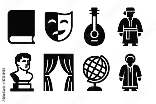 Brutalist Culture Icons. Culture icon set in silhouette bold style. Contain book, mask, paintbrush, musical instrument, statue, theater curtain, globe, traditional outfit