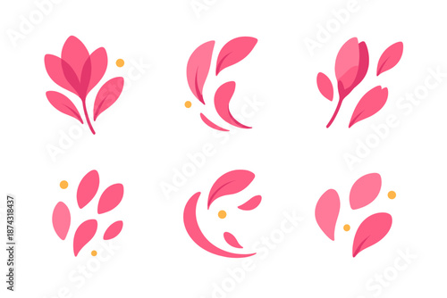 Floral Petal Drift. Soft Bouquet Petal Drift vector set in modern flat style : scattered blossom piece, soft drift swirl, budding shard, floral fleck, breeze arc, gentle bloom spot