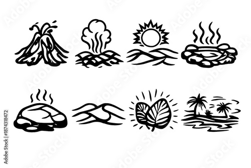 Nature's Heat Icons. Natural heatset in outline vector style volcanic lava flow, geothermal vent, desert sun, hot spring, warm rock, sandy dune, tropical leaf glow, mirage shimmer