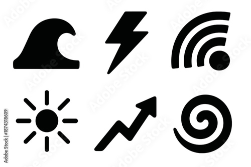Bold Vector Icons. Surge icon set in silhouette bold style. Contain rising wave, upward bolt, energetic arc, pulsing dot, sharp climb line, dynamic swirl